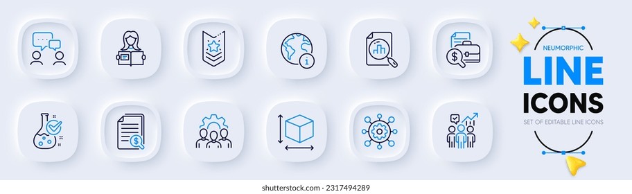 Informe contable, trabajo en equipo e iconos de línea de tamaño de caja para aplicación web. Paquete de Marco, documentos financieros, mujeres leen iconos de pictograma. Laboratorio de Química, Estadísticas Empresariales, Signos gráficos de Analítica. Vector