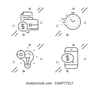 Accounting report, Timer and Seo idea line icons set. Phone payment sign. Financial case, Deadline management, Performance. Mobile pay. Technology set. Line accounting report outline icon. Vector