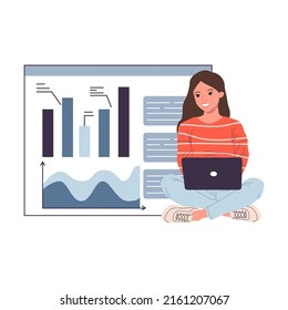 Accounting report vector illustration. Professional with laptop analyzing financial data sheet. Team of accountant working