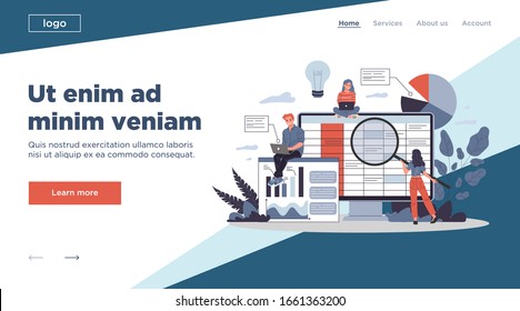 Accounting report vector illustration. Professionals with laptops and magnifiers analyzing financial data sheet. Team of accountant working with bookkeeping software