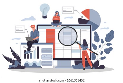 Accounting report vector illustration. Professionals with laptops and magnifiers analyzing financial data sheet. Team of accountant working with bookkeeping software