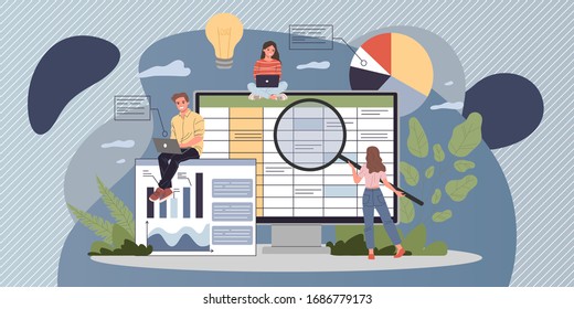 Accounting Report Vector Illustration. Professionals With Laptops And Magnifiers Analyzing Financial Data Sheet. Team Of Accountant Working With Bookkeeping Software