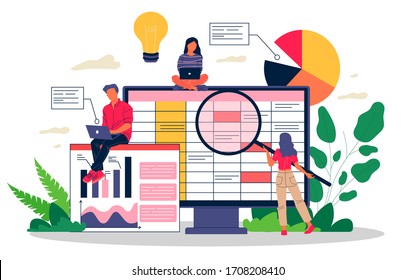 Accounting Report Vector Illustration. Professionals With Laptops And Magnifiers Analyzing Financial Data Sheet. Team Of Accountant Working With Bookkeeping Software