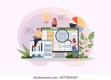 Accounting report vector illustration. Professionals with laptops and magnifier analyzing financial data sheet. Team of accountant working with bookkeeping software