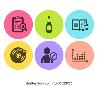Accounting report, Vinyl record and Edit user icons simple set. Music book, Beer and Dot plot signs. Check finance, Retro music. Business set. Flat accounting report icon. Circle button. Vector