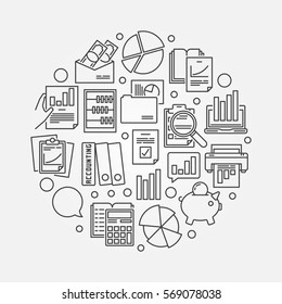 Accounting and research illustration. Vector circular outline financial reports symbol made with thin line icons