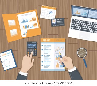 Accounting, research, planning, analysis, audit, calculation, tax. Businessman hands with report, calculator, documents, calendar, notebook, laptop on desktop. View from above Vector