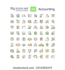 Accounting RGB color icons set. Financial transactions. Recording business activities. Finance management. Isolated vector illustrations. Simple filled line drawings collection. Editable stroke