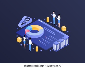 Accounting Seminar Isometric Dark Gradient Illustration. Suitable for Mobile App, Website, Banner, Diagrams, Infographics, and Other Graphic Assets.
