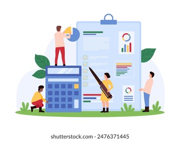 Accounting service, budget analysis and finance audit. Tiny people with pen and calculator study accounting document and report with data list, auditor holding pie chart cartoon vector illustration