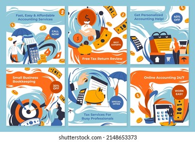 Accounting Service Promotion At Social Media Post. Free Tax Return Offer Set, Discount For Personalized Bookkeeping Help, Vector Illustration. Flat Money, Piggy Bank And Tiny People Character