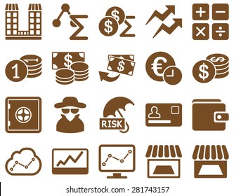Accounting service and trade business icon set. These flat symbols use brown color. Vector images are isolated on a white background. Angles are rounded.