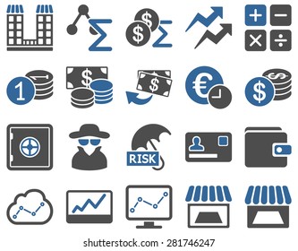 Accounting service and trade business icon set. These flat bicolor symbols use cobalt and gray colors. Vector images are isolated on a white background. Angles are rounded.