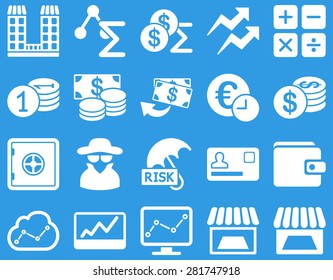 Accounting service and trade business icon set. These flat symbols use white color. Vector images are isolated on a blue background. Angles are rounded.