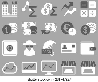 Accounting service and trade business icon set. These flat bicolor symbols use dark gray and white colors. Vector images are isolated on a gray background. Angles are rounded.