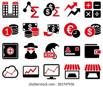 Accounting service and trade business icon set. These flat bicolor symbols use intensive red and black colors. Vector images are isolated on a white background. Angles are rounded.