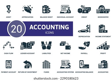 Accounting set. Creative icons: asset, appreciation, balance sheet, individual account, credit, bookkeeper, depreciation, income statement, cash flow, ledger account, liabilities, net income, payroll