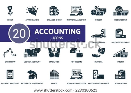 Accounting set. Creative icons: asset, appreciation, balance sheet, individual account, credit, bookkeeper, depreciation, income statement, cash flow, ledger account, liabilities, net income, payroll