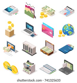 Accounting Set Of Isometric Icons With Bank, Loan Online, Money Counter, Analysis, Planning, Checkbook Isolated Vector Illustration