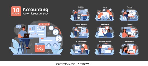 Accounting set. Professionals navigating finance realms. Liabilities, assets, and revenue insights. Balance sheet, expenses, and general ledger explorations. Flat vector illustration.