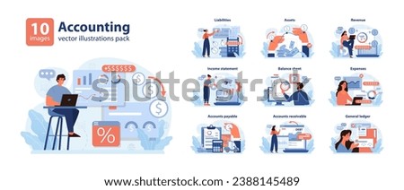 Accounting set. Professionals navigating finance realms. Liabilities, assets, and revenue insights. Balance sheet, expenses, and general ledger explorations. Flat vector illustration.