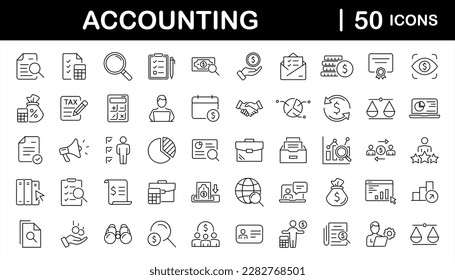 Accounting set of web icons in line style. Accounting and audit icons for web and mobile app. Containing finance report and audit, invoice, tax return, accounting, auditing, inspection and more.