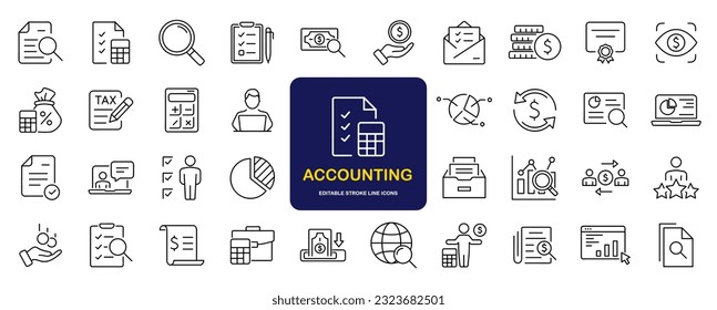 Accounting set of web icons in line style. Accounting and audit icons for web and mobile app. Containing finance report and audit, invoice, tax return, accounting, auditing, inspection and more.