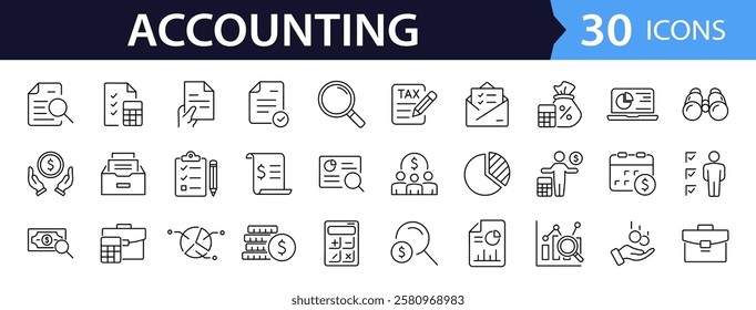 Accounting set of web icons in line style. Accounting and audit icons for web and mobile app. Containing finance report and audit, invoice, tax return, accounting, auditing, inspection and more.