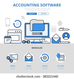 Accounting software app application concept flat line art vector icons. Modern website infographics illustration hero image web banner. Lineart collection.