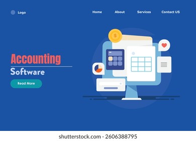 Accounting software, Financial statement, Internet banking technology, Digital bookkeeping - vector illustration landing page with icons 