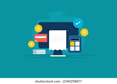 Accounting software tool, Online invoice, Online bill generator, Office CRM software , Software integration for billing, invoice and tax - vector illustration with icons