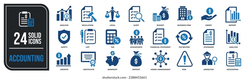 Colección de iconos sólidos de contabilidad. Contiene iconos de estados financieros, inspección, informe, análisis, etc. Para diseño de marketing de sitios web, logotipo, aplicación, plantilla, ui, etc. Ilustración vectorial.