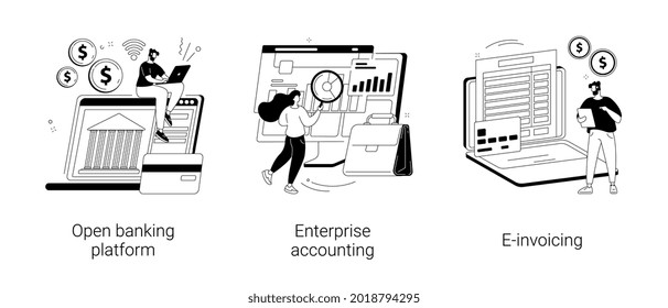 conjunto de ilustraciones vectoriales abstractas del sistema de contabilidad de TI. Plataforma de banca abierta, contabilidad empresarial, facturación electrónica, software financiero comercial, metáfora abstracta de herramientas de factura electrónica.