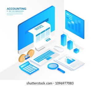 Accounting System, Isometric Blue Light Concept. There Are Computer Laptop Tax Invoice And Graph Screen. Vector Illustration