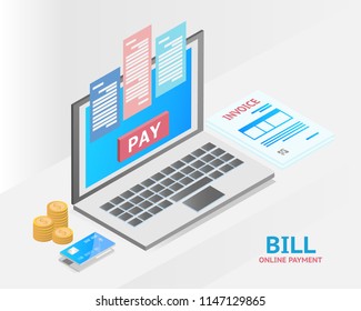 accounting system, isometric concept. there are computer laptop tax invoice,credit card, money and bill payment. vector illustration