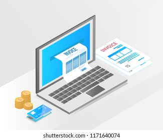 accounting system, isometric concept. there are computer laptop tax invoice,credit card, money and bill payment. vector illustration