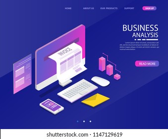 accounting system. there are computer laptop tax invoice and graph screen. vector illustration