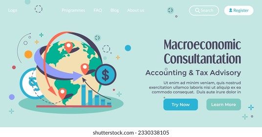 Accounting and tax advisory, macroeconomic consultation and help with finances. Economic stability of business and organization. Website landing page template, internet site. Vector in flat style