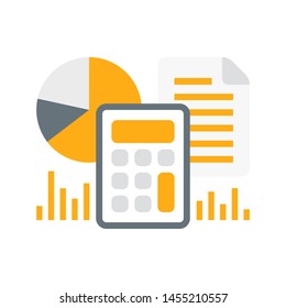 Ilustración vectorial de color de cálculo de impuestos y contabilidad. Informe financiero y estimación de la factura colorido icono plano aislado.