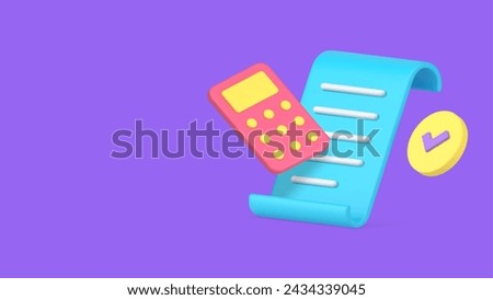 Accounting tax calculation financial document banner copy space 3d icon realistic vector illustration. Audit business balance agreement contract checking annual report with calculator and paper sheet