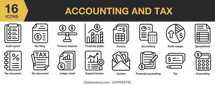 Accounting And Tax icon set. Includes business, accounting, financial, tax, analysis, and More. Outline icons vector collection.