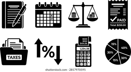 Accounting and Tax Services Icon Set with Ledger, Calendar, Balance Scale, Receipt, and Calculator Symbols