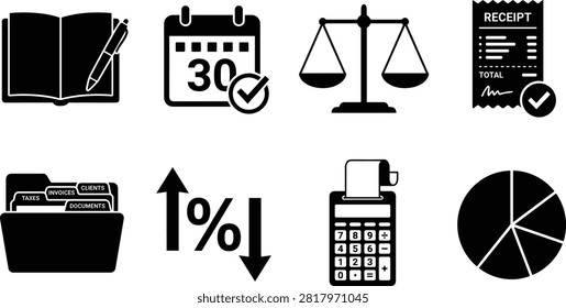 Accounting and Tax Services Icon Set with Ledger, Calendar, Balance Scale, Receipt, and Calculator Symbols