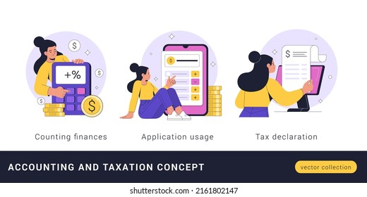 Accounting and Taxation concept. Vector cartoon illustration in a trendy flat style of a young woman doing finance calculations on a calculator, computer, and smartphone app. Isolated on white