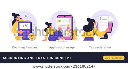 Accounting and Taxation concept. Vector cartoon illustration in a trendy flat style of a young woman doing finance calculations on a calculator, computer, and smartphone app. Isolated on white