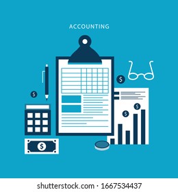 Accounting and taxes flat vector illustration design. Business concept for financial analysis, planning and strategy, financial report, financial market research.