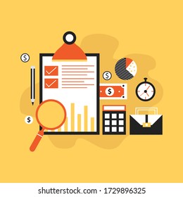 Rechnungslegung und Steuern flache Vektorgrafik. Geschäftskonzept für Finanzanalyse, Planung und Strategie, Finanzbericht, Finanzmarktforschung