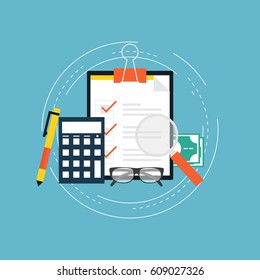 Accounting and taxes flat vector illustration design. Business concept for financial analysis, planning and strategy, financial report, financial market research. Icon design for web banners and apps