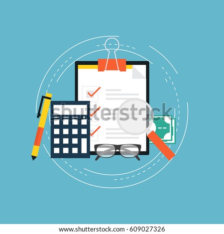 Accounting and taxes flat vector illustration design. Business concept for financial analysis, planning and strategy, financial report, financial market research. Icon design for web banners and apps