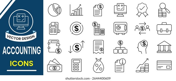 Accounting and taxes icon set collection. Outline icon of accounting, financial statement, invoice, tax calculator, financial audit, tax return, income and more. Vector illustration.